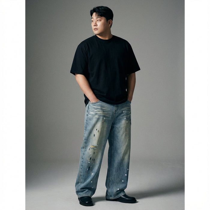 Pantalon jean droit délavé homme - Mode coréenne streetwear - Taille XL - Grande Taille
