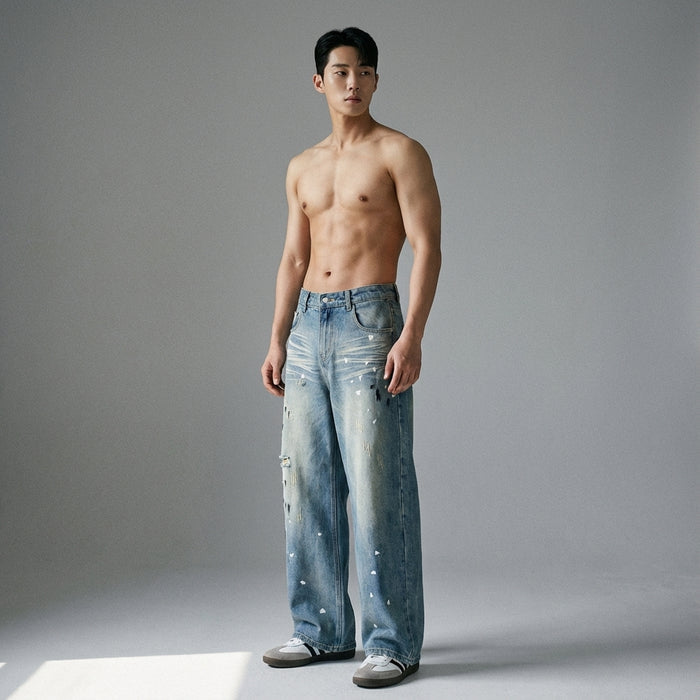 Pantalon jean droit délavé homme - Mode coréenne streetwear - Taille L