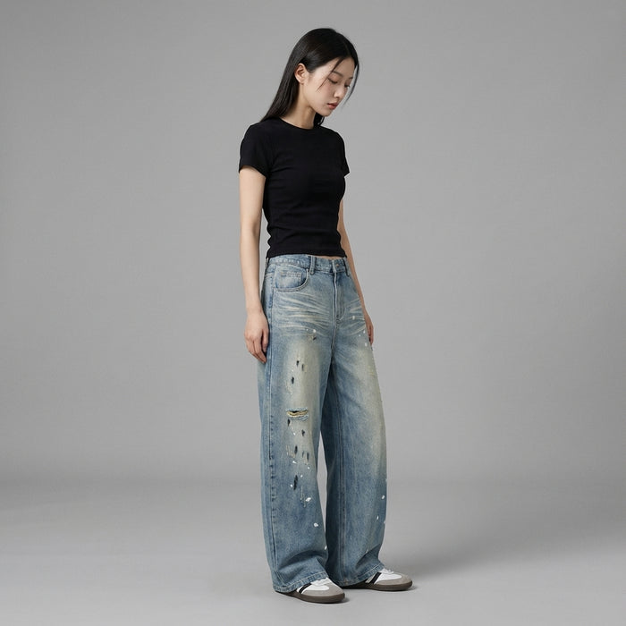 Pantalon jean droit délavé homme - Mode coréenne streetwear - Taille S
