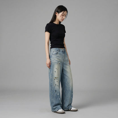 Pantalon jean droit délavé homme - Mode coréenne streetwear - Taille S