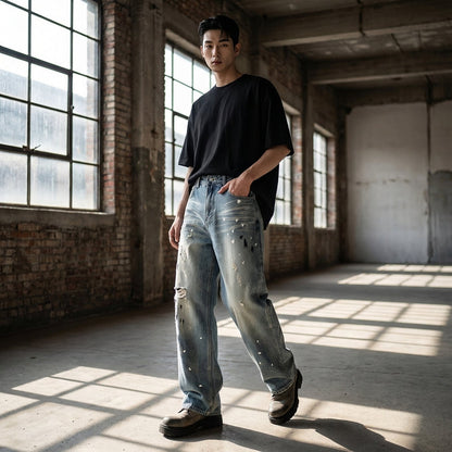 Pantalon jean droit délavé homme - Mode coréenne streetwear