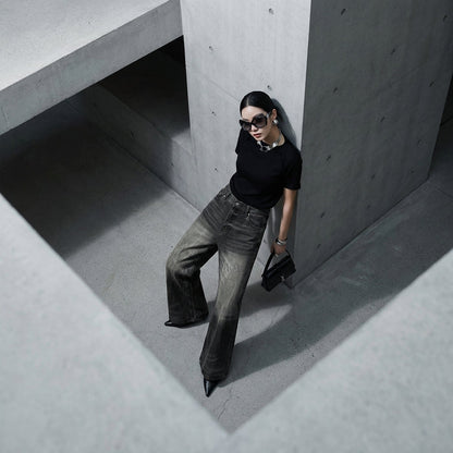 Pantalon jean large délavé noir unisexe - Style streetwear coréen
