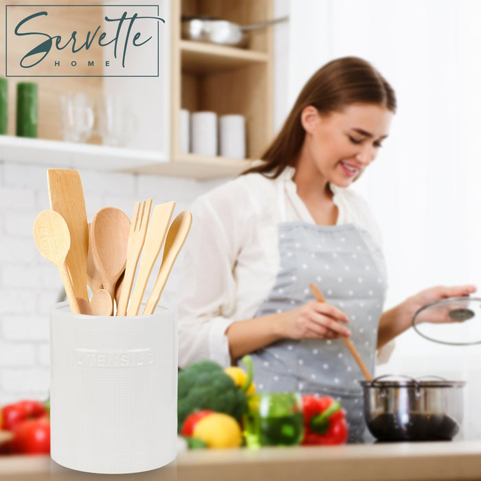 White Checked Ceramic Utensil Holder