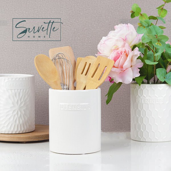 White Checked Ceramic Utensil Holder