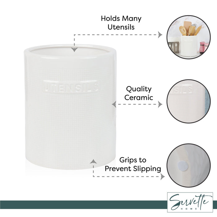 White Checked Ceramic Utensil Holder