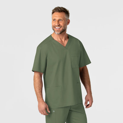 WonderWORK Men's V-Neck Scrub Top - Olive front detail
