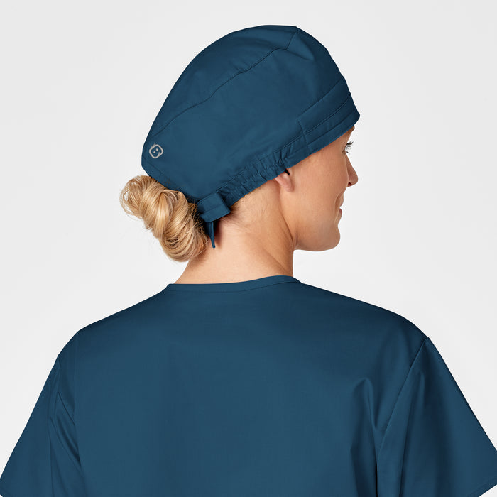 WonderWORK Unisex Tie Back Scrub Cap Caribbean Blue front detail