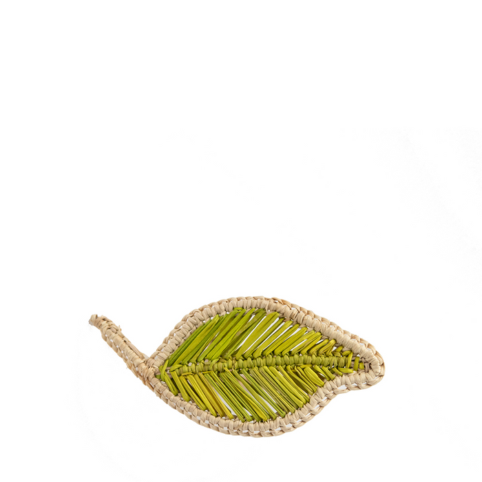 Green woven ivy-shaped napkin ring with natural rattan border and woven textured detail.
