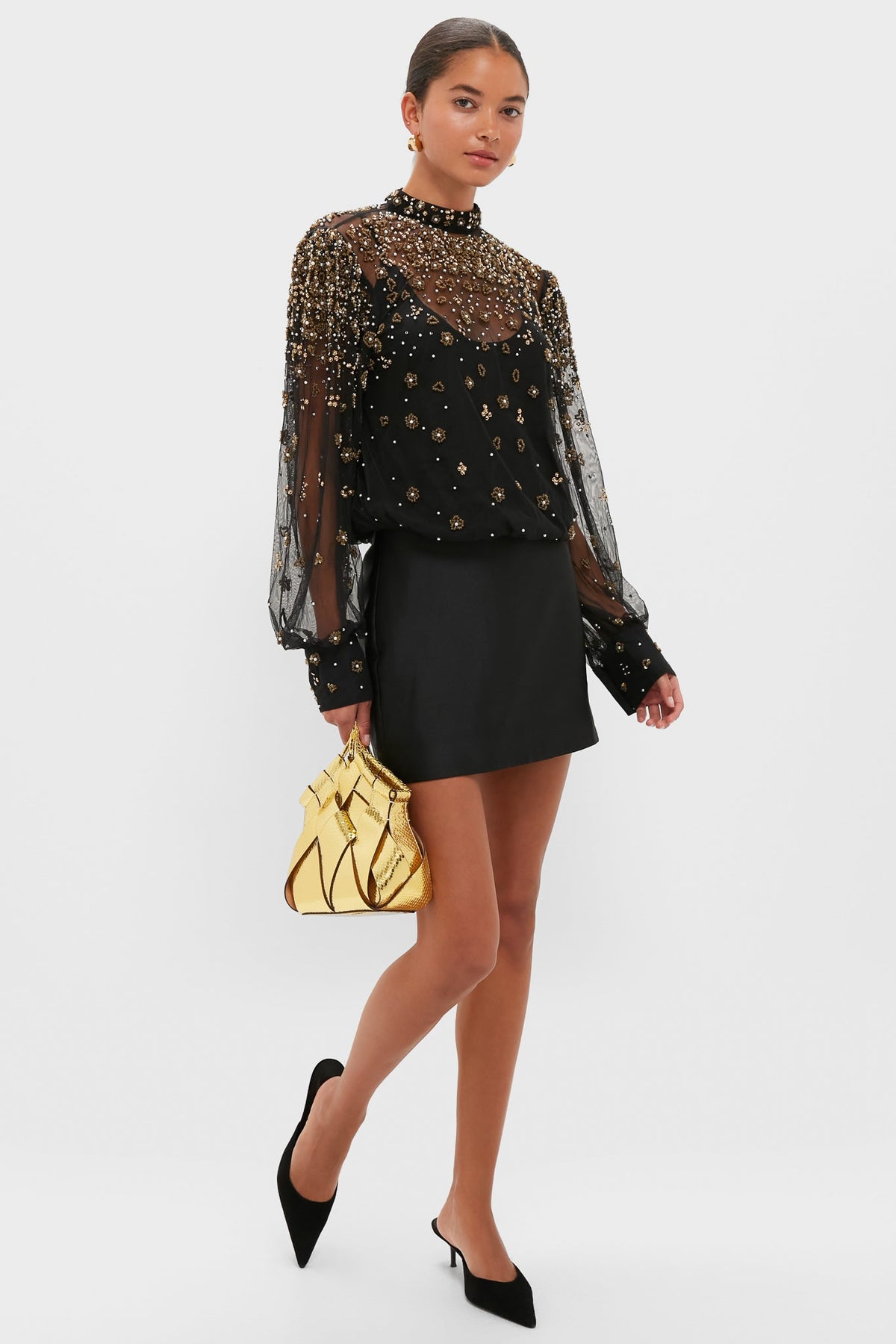 Black Embroidered Bubble Tulle Blouse